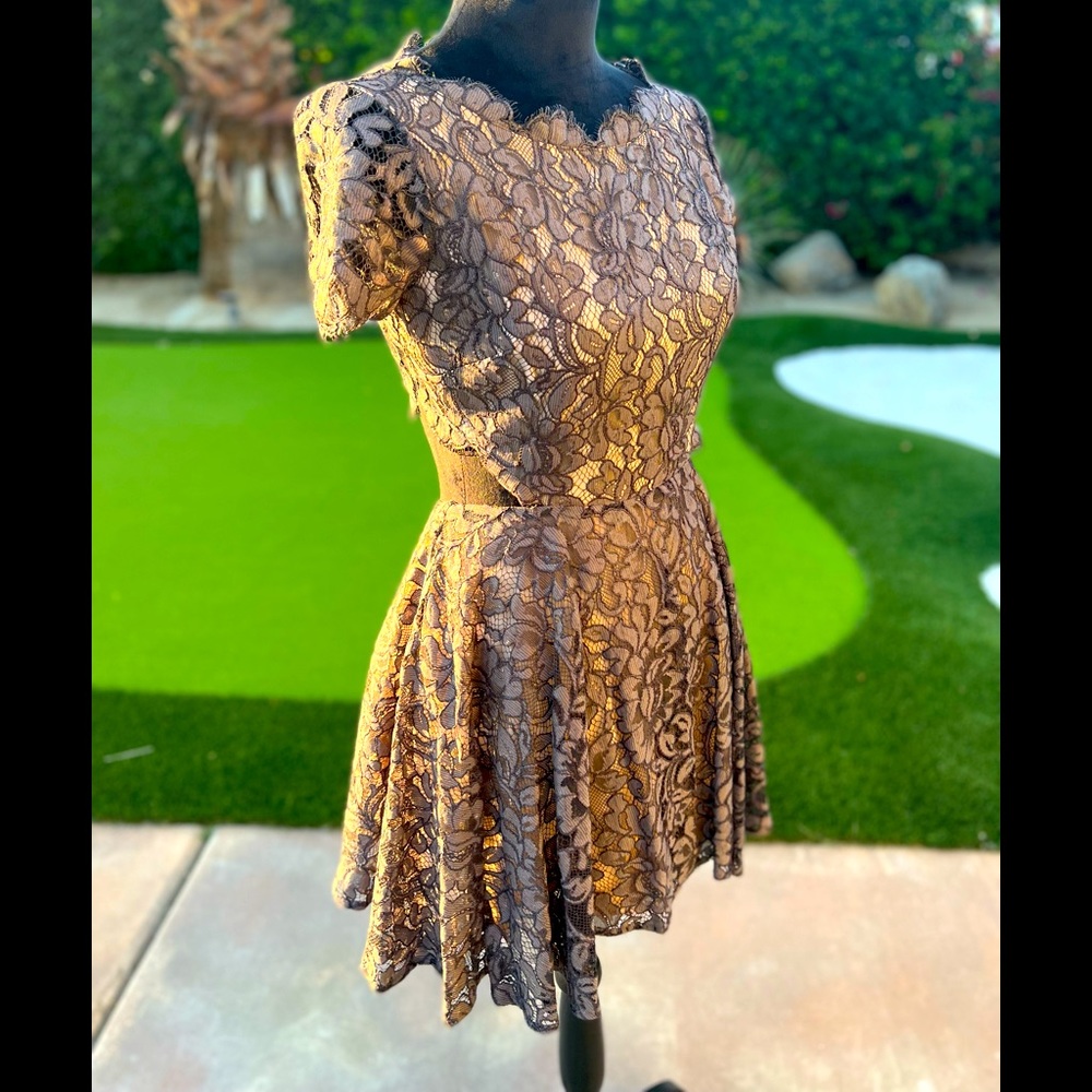 bebe Gold and Brown Lace Backless Dress